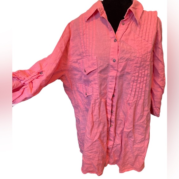 Soft Surroundings Pink Linen Boho Casual Button Up Roll Tab Sleeve Utility Top - Picture 1 of 7